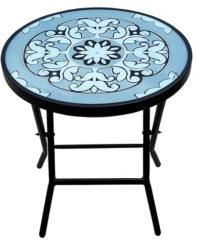 BACKYARD EXPRESSIONS PATIO · HOME · GARDEN 906191 Mesa auxiliar plegable de cristal para patio, patrón de mosaico, 45,7 cm, azul