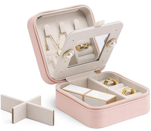 Vlando Small Faux Leather Travel Jewellery Box Organizer Display Storage Case for Rings Earrings Necklace with Mirror