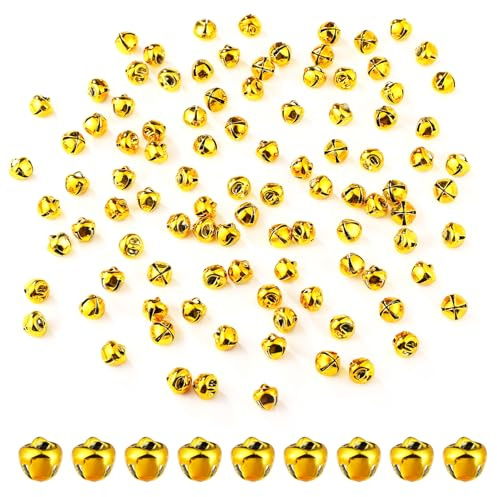 100uds Cascabeles Manualidades, 0,8cm Cascabeles Pequeños Jingle Bells Cascabeles de Metal Decorativos para Fiestas Navideñas Cajas de Regalo Decoraciones (Oro)