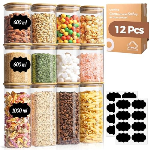 ComSaf Glass Jars with Lids Set of 12, 600ml/1L Glass Food Containers with Lids, Storage Jar with Bamboo Lid, Square Kitchen Storage Containers for Pasta, Spice, Cereal, Flour, Oats, Coffee Beans