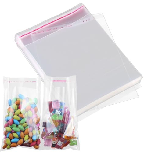 Bmeigo Clear Cellophane Bags 100pcs/4 x 6 inches - Food Grade Self Adhesive Sweet Bags Seal Plastic Cookie Treat Bag for Candy, Jewelry, A6 - A8 Cards, Gifts Packaging
