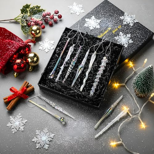 Juinte 24 Pack Glass Icicles Winter Tree Ornaments Clear Teardrop Christmas Chandelier Decorations Crystal Hanging Ornaments Glass Raindrops for Xmas Tree Decor Party(Laser)