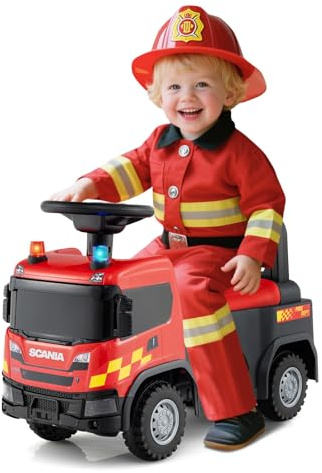 COSTWAY Macchina Cavalcabile per Bambini 18 Mesi+, Macchina a Spinta per Bambini Ufficiale Scania, Camion dei Pompieri con Luci, Sirene, Clacson e Musica, con Spazio sotto Sedile