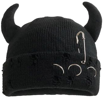 FUYAO Bonnet tricoté en corne de diable pour hommes, femmes et enfants, chapeau d'hiver chaud et amusant pour Halloween, casquette de hip-hop et crânes (Royaume-Uni, numérique GO, taille unique, noir)