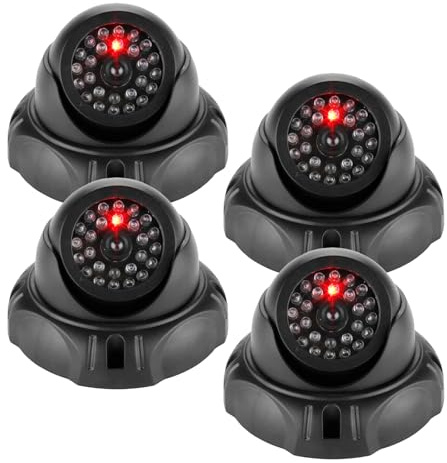 GOMETY 4 pezzi fotocamera finta finta fotocamera manichino con LED rosso lampeggiante, telecamera di sorveglianza CCTV Dummy, telecamera di sorveglianza finte a parete o a soffitto con 4 adesivi di