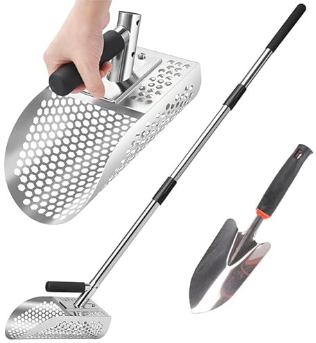 Paletta per la sabbia per il rilevamento di metalli, pala regolabile per metal detector, in acciaio inox, con manico lungo in acciaio, setaccio per sabbia, pala per la spiaggia, argento