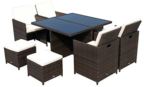 Outsunny Polyrattan Sitzgruppe Essgruppe 9 TLG. mit Kissen Gartenmöbel Alu Braun