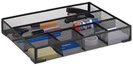 Relaxdays Schreibtischorganizer groß, rutschfeste Ablagebox mit 6 Fächern, Metall Mesh, HxBxT: 6 x 38 x 30 cm, schwarz