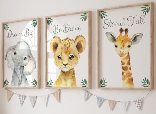 Eviepops Prints Set aus 3 Safaritieren für Kinderzimmer von Jungen und Mädchen, Ungerahmter Druck, Schlafzimmerdekor, Dschungeldekoration, Dekor im Babyzimmer, elefant giraffe löwe, Dream Big (A3)
