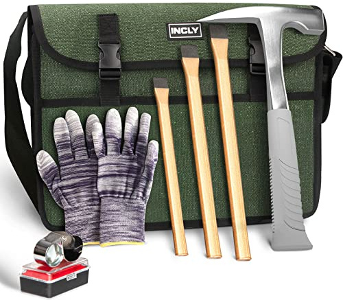 INCLY 7 PCS Geology Rock Pick Hammer Kit, with 22oz Hammer and 3 PCS Digging Chisels Set for Rock Hounding, Gold Mining & Prospecting Equipment Tool with Musette Bag, jewelers loupe, Gloves
