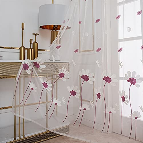 Hiseng Voile Vorhänge mit Ösen Durchsichtig Halbtransparent Ösenvorhang für Fenster Wohnzimmer Schlafzimmer Nordischer Stil Stickerei Moderne Elegante Transparent Gardine 2er Set (rot,132x243cm)