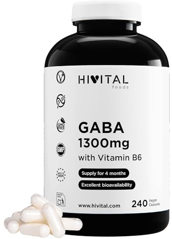 GABA 1300 mg med Vitamin B6. 240 veganska kapslar för 4 månader | Gamma-Aminosmörsyra med 3,5 milligram Vitamin B6. Gamma-AminoButyric Acid. Tillverkad i Europa av HIVITAL