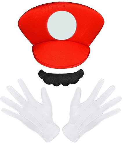 Aomig Deguisement Casquette Mario, Barbe et 2 Gants, Deguisement Halloween Mario, Déguisement Déguisé Cosplay pour Carnaval, Halloween, Cosplay, décoration pour garçon et Fille, Enfants et Adultes