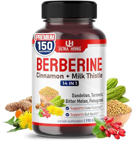 Ultra Herbs Premium Berberine with Cinnamon, Milk Thistle - Promotes Liver Function, Gut Health, Immunity (150 Count (Pack of 1))