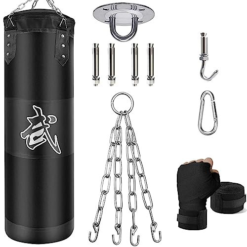 ZERUIDM Boxsack Set Heavy Duty Punchingsäcke UNGEFÜLLT, Hängende Boxing Bag für Erwachsene Kinder, Punching Bag mit Boxbandagen Deckenhaken Kette, für Kickboxen Kampfsport Muay Thai MMA