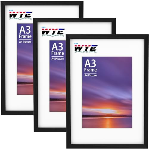 wyewye A3 Picture Frame 3 Pack, Wood A3 Frame with A4 Mount for 29.7 x 42 cm Photo, Only Wall Hanging, Plexiglass, Black