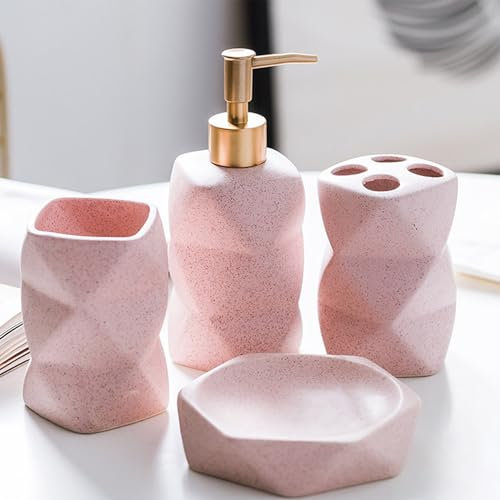 Badezimmer Set 4 Teile,Keramik Badezimmer Sets mit Zahnbürstenhalter,Seifenspender,Seifenschale,Zahnbürstenbecher,Ideales Wohngeschenk Badezimmer Deko Set(Rosa)