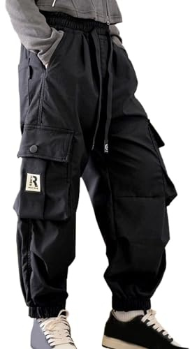 Kids Cargo Pants Girls Age 3-14 Years Fashion Cargo Trousers for Girls Loose Fit Elastic Waist Tighter Pockets Comfy Stretchy Winter Spring Casual Vacation Sweatpants (Black, 13-14 Years)