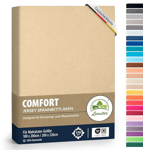Boxspringbett & Wasserbett Spannbettlaken von leevitex® | Spannbetttuch | Jersey 180 x 200-200 x 220 cm, 40cm Steghöhe 100% Baumwolle ca. 170 g/m (Düne/Sand)