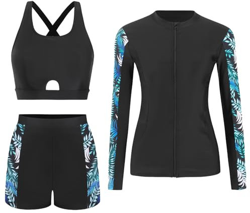 SEAUR 3-teiliger Badeanzug Damen Langarm Schwimmanzug Rash Guard Sonnenschutz Bademode Rashguard Shirts Bikinioberteil Badeshorts - M