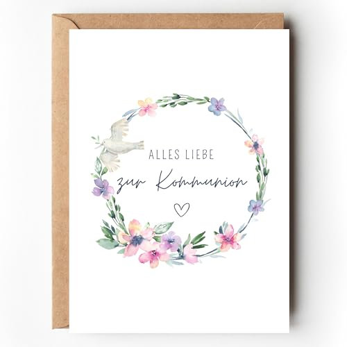Paperlane by Essi Glückwunschkarte zur Kommunion floral, Kommunionskarte für Mädchen mit Blumenkranz Aquarell, Grußkarte zur Erstkommunion A6 mit Umschlag für Geld Geschenk (1 Karte mit Umschlag)