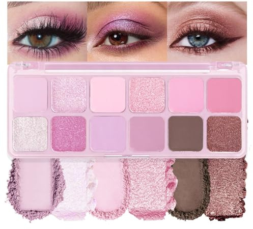 Palette de fards à paupières, 12 couleurs mates scintillantes avec miroir, nuances violettes et roses hautement pigmentées et durables pour les fêtes et les soirées