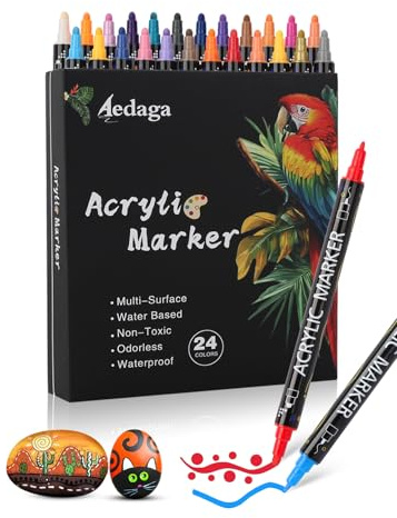 24 Colours Acrylic Paint Pens, Acrylic Markers Dual Tip (Fine & Dot Tip)