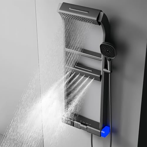6-Mode Shower Panel with Mixer and Shelf, LED Rain & Mist Shower, 12 Adjustable Massage Jets, Handset and Waterfall Bath Spout for Luxurious Bathroom Experience