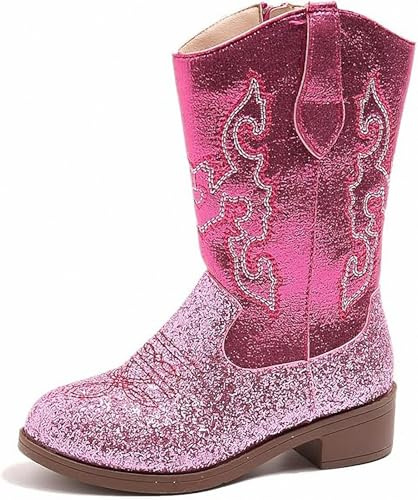 FQLGJMY Botas de Vaquera Para Niñas media Pantorrilla Punta Redonda Tacón Grueso Bordado étnico Purpurina Zapatos Montar Princesa Primavera Otoño e Invierno Niños Pequeños Unisex Fiesta Cosplay