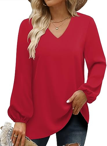 CHICZONE Women Shirt V Neck Blouses Fall Solid Work Loose Trendy Cute Pullover Tops Balloon Sleeves Flowy Tops Red
