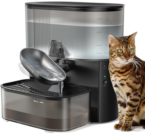 FEELNEEDY Fuente para Gatos, Inalámbrica y sin Filtro, con Agua Fresca Separada del Agua Sucia, Batería de 2000 Mah, Recipiente de Acero Inoxidable, Depósito de 3,5 L, Negro