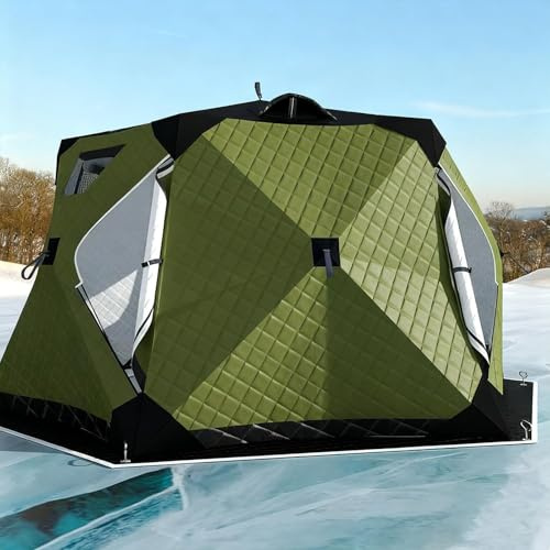 Abri De Pêche Sur Glace Pliable Pour 6 à 10 Personnes, Tente Isolée Thermiquement 4 Couches En Tissu Oxford 420d Avec Sortie De Poêle Et Plancher, Cabane D'hiver Portable 7 M² Avec Sac Transport Green