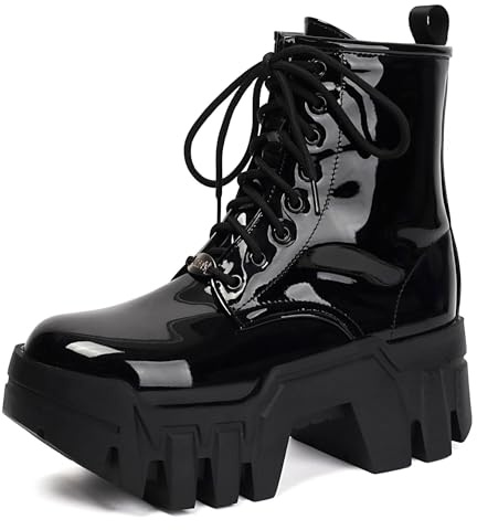 SEIFIN Women's Goth Platform Patent Combat Ankle Boots Lace Up Chunky High Heel Gothic Boots Cosplay Y2K Punk Short Booties Cool Rave Festivals Shoes With Zipper,Black,US10