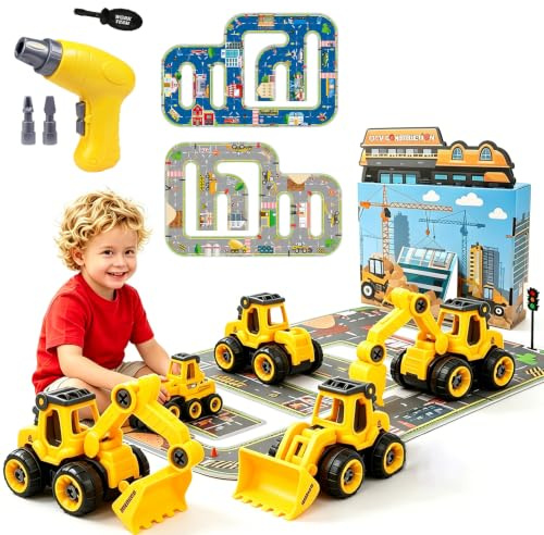 Aulivra Take Apart Construction Toys with Electric Drill, Kids Construction Truck Toy Set, DIY Building Site Playset with Digger Bulldozer Road Roller Road Map, STEM Toys for Boys Girls Age 3 4 5 6