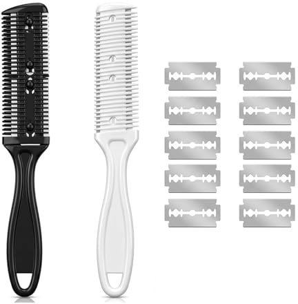 Peigne Rasoir, Peigne Coupe Cheveux Effileur Cheveux, Outil de Coiffure à Domicile pour Éliminer les Fourches et Créer des Dégradés, 2 Peignes avec 10 Lames de Rechange en Couleur Blanche et Noire