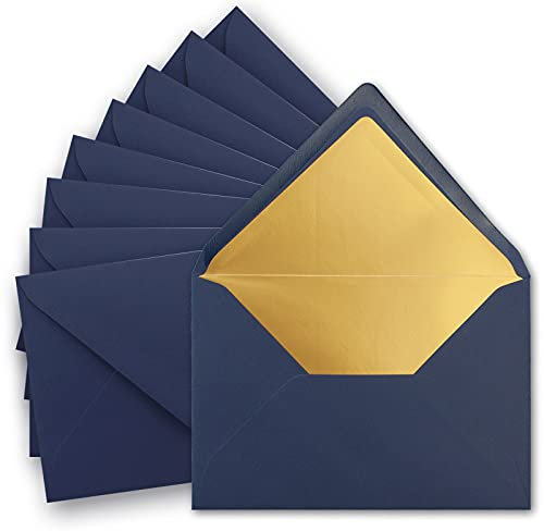 10x metallic Gold-gefütterte Brief-Umschläge DIN C5, dunkel-blau - 156 x 220 mm - Nassklebung mit spitzer Klappe - FarbenFroh by GUSTAV NEUSER