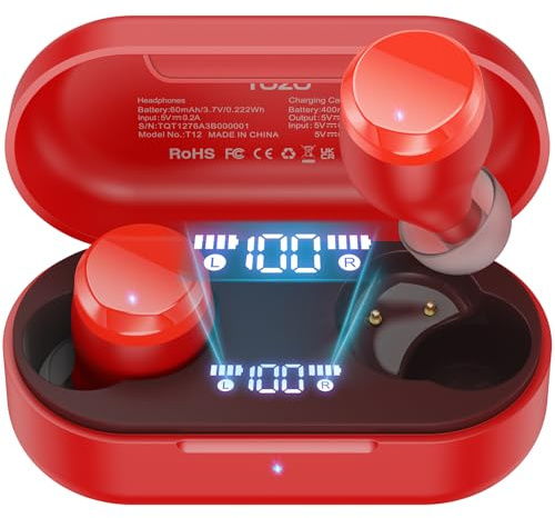 TOZO T12 Wireless Earbuds Bluetooth 5.3 Kopfhörer Premium Sound Performance Touch Control LED Digital Display Wireless Charging Case Ohrhörer (Rot, Klein Kompakt)