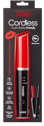 KISS Cordless Flat Iron Rouge Portable Hair Straightener, ¾ Tourmaline Ceramic Plates, 350°F - 420°F, 50-Minute USB Rechargeable Lithium-Ion Battery, Auto Shutoff, Dual Voltage, 0.8 lbs
