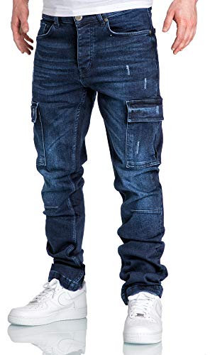 Amaci&Sons Herren Cargo Jeans Regular Slim Denim Hose Destroyed 7985 Dunkelblau W32/L34