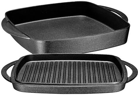 Bruntmor 2-in-1 Pre-Seasoned Cast Iron Dutch Oven with Grill Pan Lid and Handles - 11 Inch Non Stick Square Cast Iron Skillets for Braising, Grilling, and Frying - Heat-Resistant to Oven and Stovetop