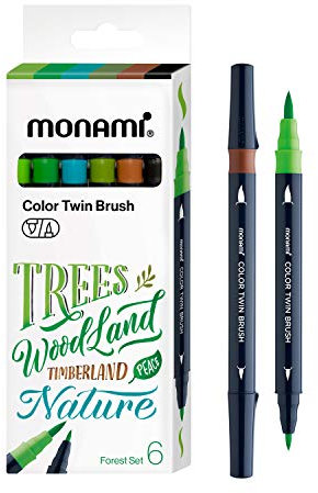 MONAMI Rotulador de doble pincel de doble punta fina y mediana para colorear libro, caligrafía, letras, ilustraciones, bosque, paquete de 6 (verde, verde claro, verde pavo real, oliva, marrón, negro)