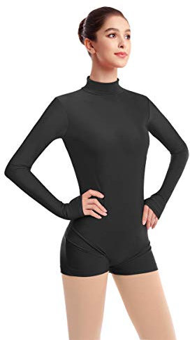 FYMNSI Damen Langarm Ballettanzug Ballettbody Sport Tanz Body Gymnastikanzug Trikot Bodysuit Einteiler Turnanzug Leotards Overall Stehkragen Einfarbig Elegant Bodies Ballett Langarmbody Schwarz M