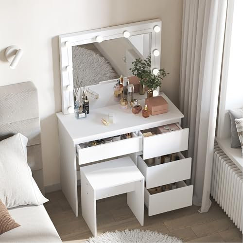 EUGAD Schminktisch mit Beleuchtung und Hocker, verstellbare Helligkeit, Schminktisch mit großer Spiegel, Frisertisch mit 4 Schubladen, 90x40cm, Modern für Schlafzimmer, Weiß, 0029SZT
