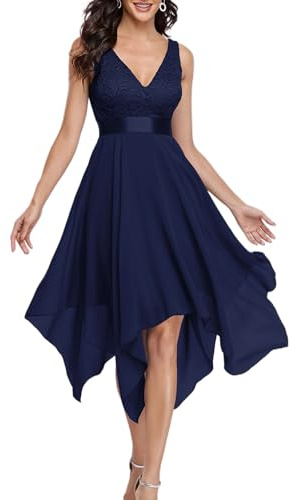 Ever-Pretty Abito da Cocktail Senza Maniche con Scollo a V Stile Impero Linea ad A in Pizzo Chiffon al Ginocchio con Orlo Asimmetrico da Donna Blu Navy 46