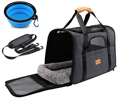 Morpilot Cat Carrier - Airline Approved, Top Opening Portable Dog Bag with Breathable Mesh/Removable Mat, Adjustable Shoulder Strap & Bowl, Foldable Travel Cage, M, Dark Grey (Max 7kg)