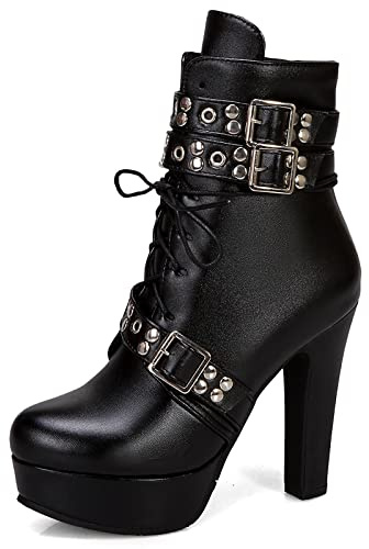 Viéctaa Bottines Femme Sexy Talon Haut Hiver Effet Cuir à Lacets Plateforme Rivets Chaussures Boots Soirée Noir 37