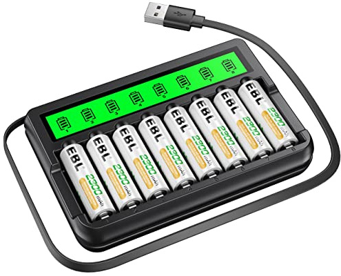 EBL Rechargeable AA Batteries 8 Pack and Battery Charger with Built-in Charging Cable, 2300mAh Ni-MH Duable A Rechargeable Batteries and 8-Bay LCD Smart Battery Charger