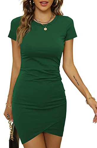 Laughido Moda Vestidos Casuales Manga Corta Mini con Frunce con Pliegues Fruncido Vestido