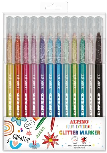 Alpino 12 Glitter Marker Color Experience-fodral | Glitterpennor för att skriva och dekorera | Levande och lysande färger | 3,3 mm stark spets | Glitter effekt