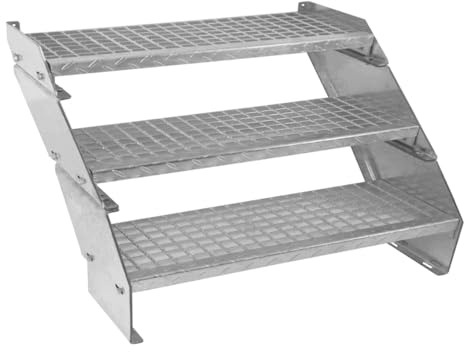 Metalltrappa 3-delad Justerbar Höjd 90 cm Bred Galvaniserat Stål Silver 3 Trappsteg Väderbeständig Gallertrapp Utomhusbruk Trädgård Terrass Modultrappa 5 mm Stångtjocklek GRATIS Monteringsset